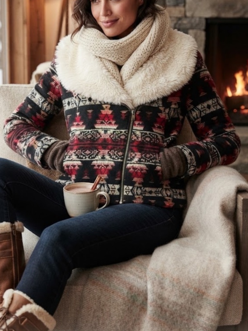 Ella Moss Anthropologie Coat Southwestern Motif Faux Fur Collar Winter Black